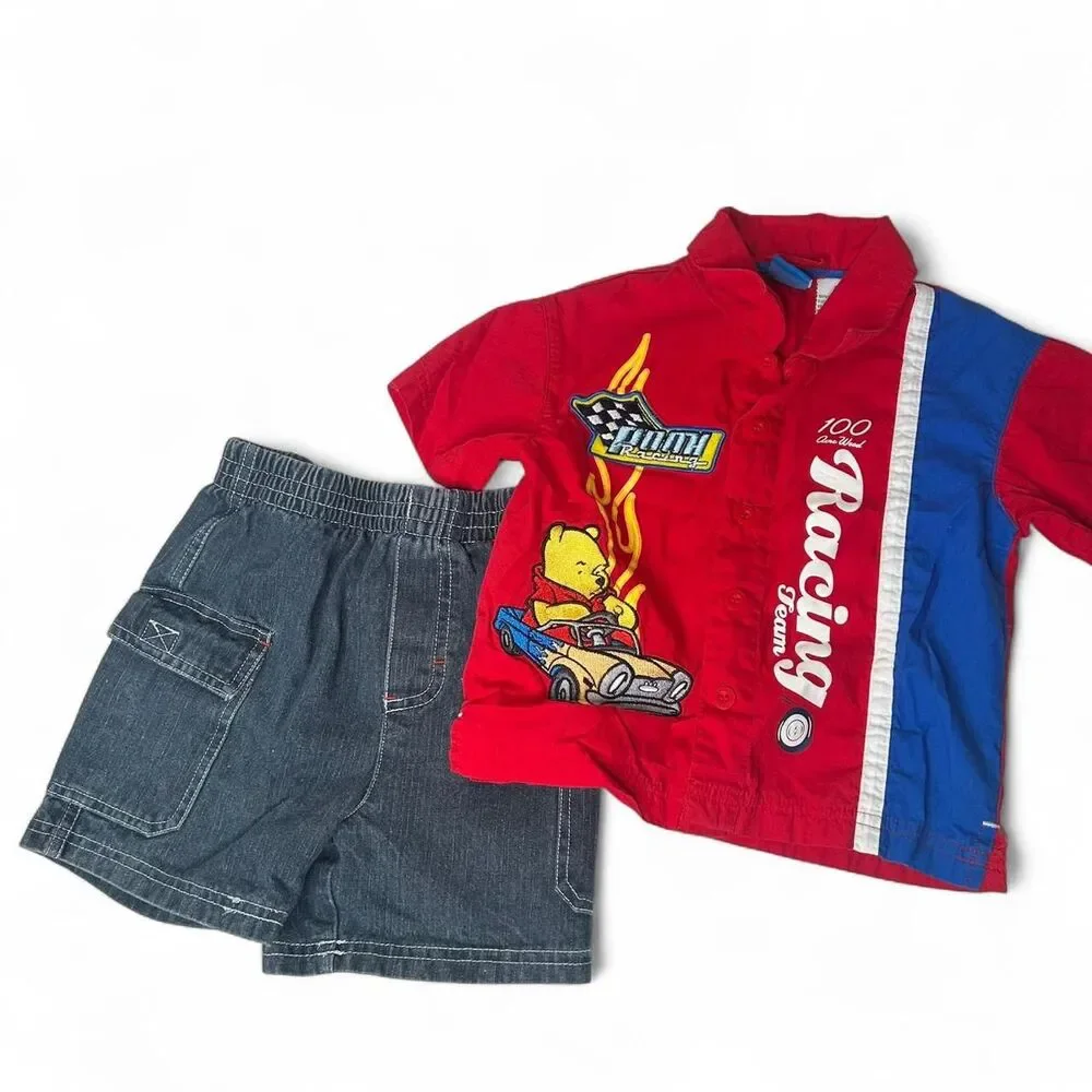 Vintage Disney Winnie the Pooh Racing red button up shirt denim shorts set 2T